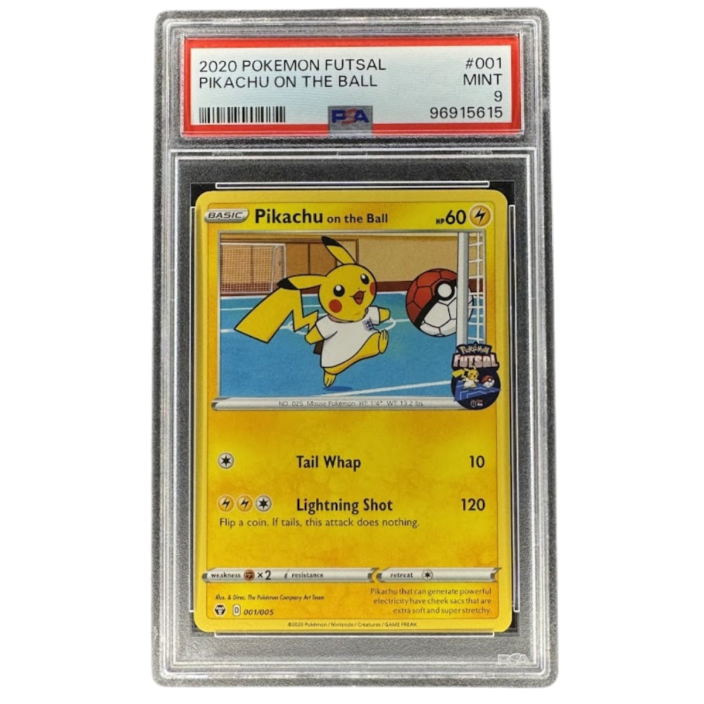 Pikachu on the Ball 001/005 PSA 9 Pokémon Futsal Promo card front.