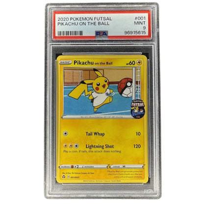 Pikachu on the Ball 001/005 PSA 9 Pokémon Futsal Promo card front.