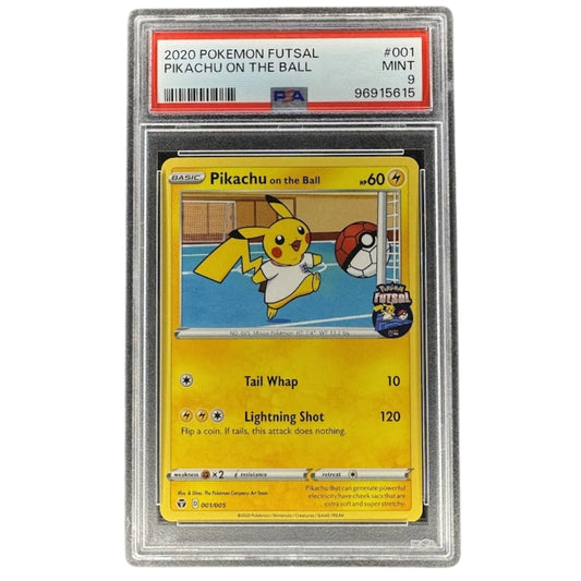 Pikachu on the Ball 001/005 PSA 9 Pokémon Futsal Promo card front.
