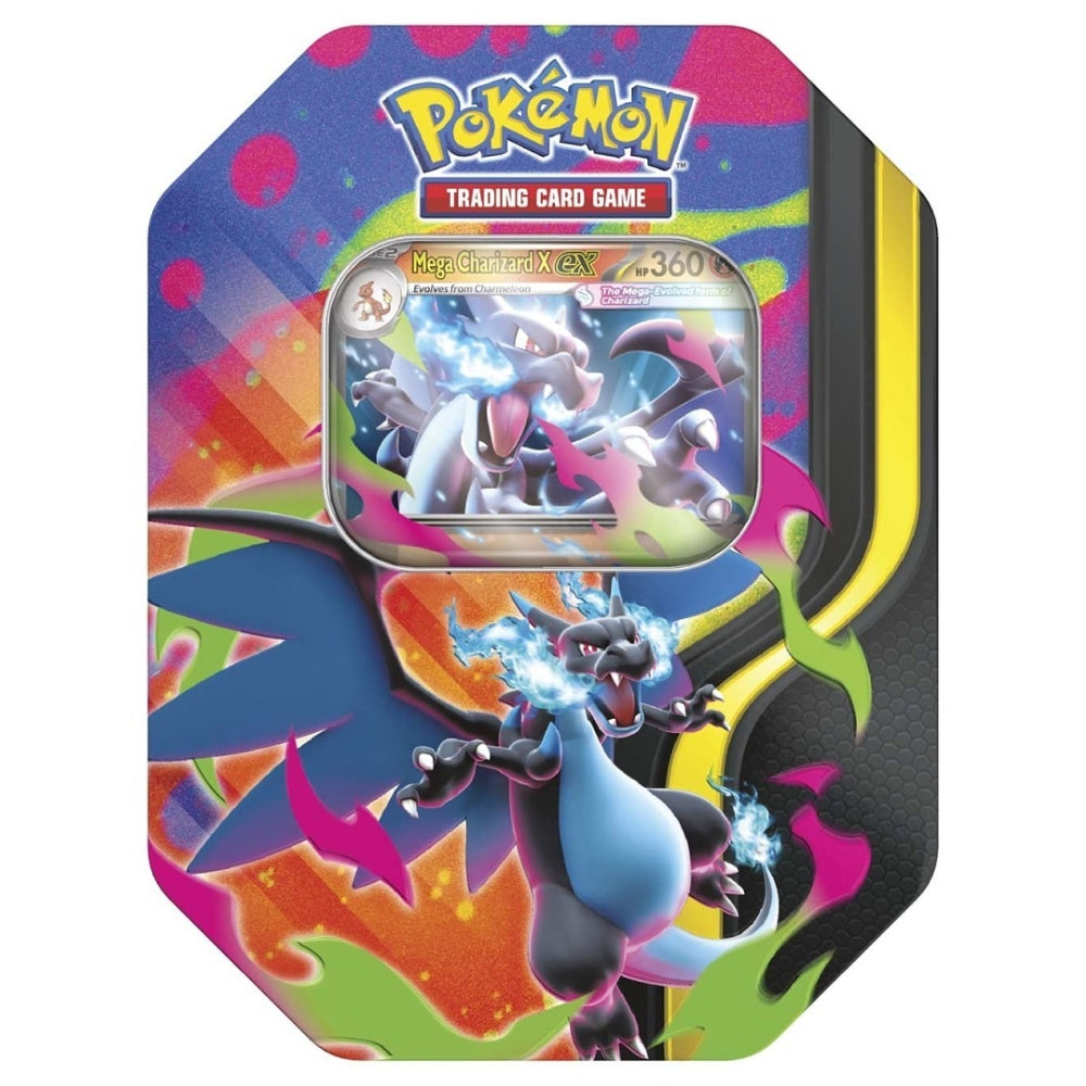 Pokemon Mega Charizard ex Tin featuring Mega Charizard X ex front.
