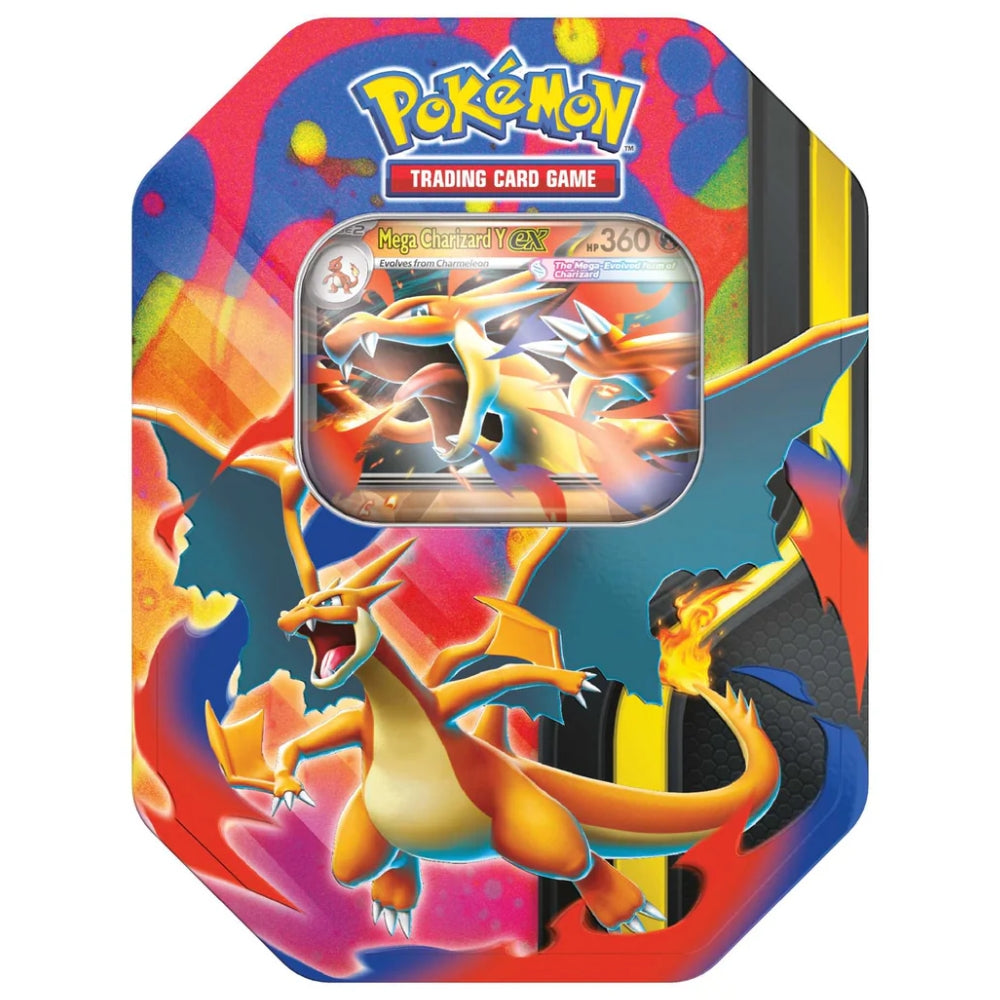 Pokemon Mega Charizard ex Tin featuring Mega Charizard Y ex front.