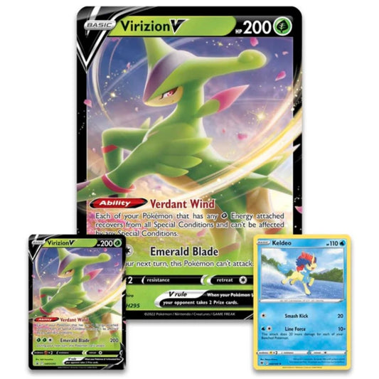 Foil promo cards of Virizion V and Keldeo and Oversize foil card featuring Virizion V from the Virizion V Box.