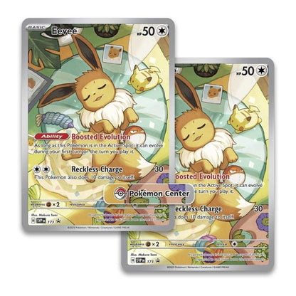 Pokémon Center Exclusive Prismatic Evolutions Elite Trainer Box exclusive Eevee promo cards.