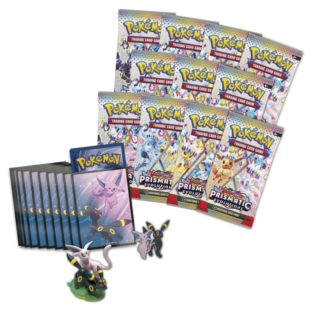Pokémon TCG Prismatic Evolutions Premium Figure Collection contents including Booster Packs, Sleeves, Figure and Pin.