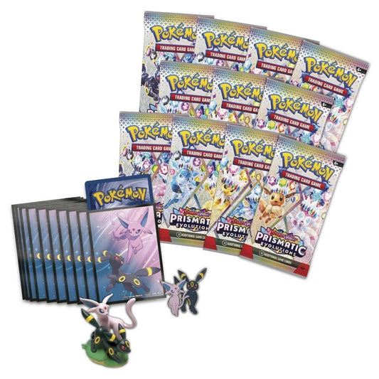 Pokémon TCG Prismatic Evolutions Premium Figure Collection contents including Booster Packs, Sleeves, Figure and Pin.