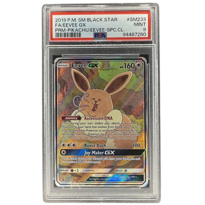 Eevee GX SM233 PSA 9 Sun and Moon Black Star Promo card front.