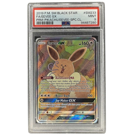 Eevee GX SM233 PSA 9 Sun and Moon Black Star Promo card front.