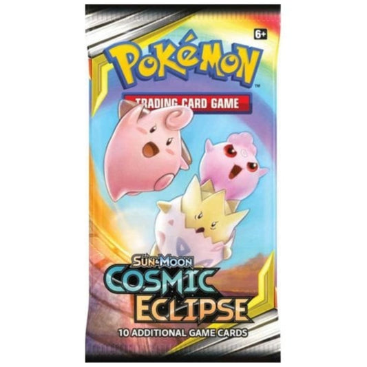 Front of Pokémon Cosmic Eclipse booster pack with assorted designs.