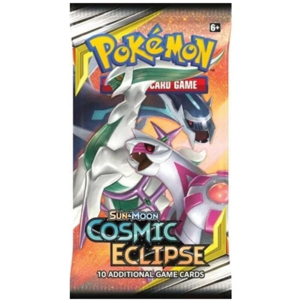 Front of Pokémon Cosmic Eclipse booster pack with assorted designs.