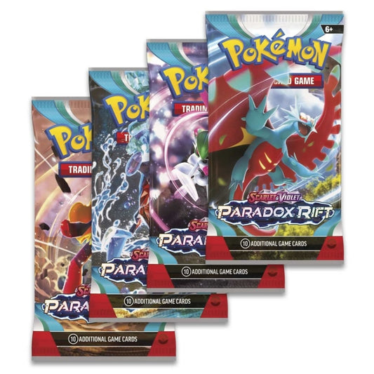 Front of Pokémon Paradox Rift booster packs with assorted artwork.