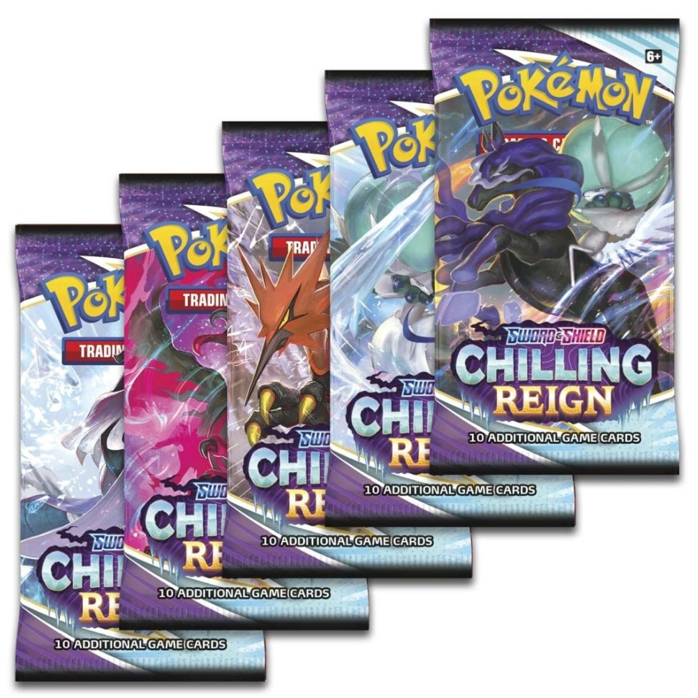 Front of Pokémon Chilling Reign booster packs with assorted designs.
