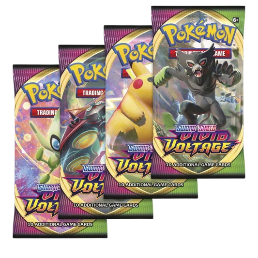 Front of Pokémon Vivid Voltage booster packs with assorted designs.