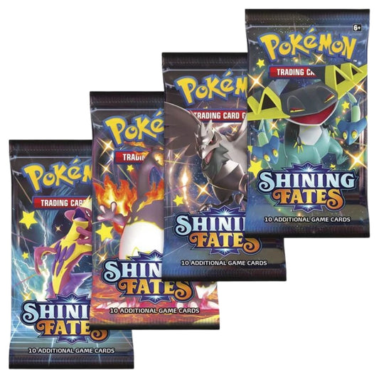 Front of Pokémon Shining Fates booster packs with assorted designs.