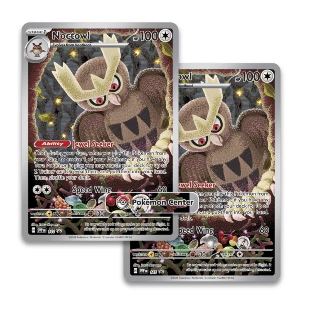 Pokémon Center Exclusive Stellar Crown Elite Trainer Noctowl promo cards.