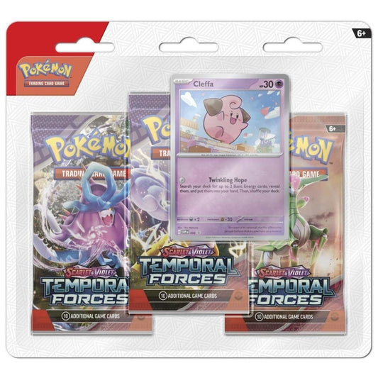 Front view of the Pokémon TCG: Scarlet & Violet—Temporal Forces 3-Pack Blister featuring Cleffa promo card.