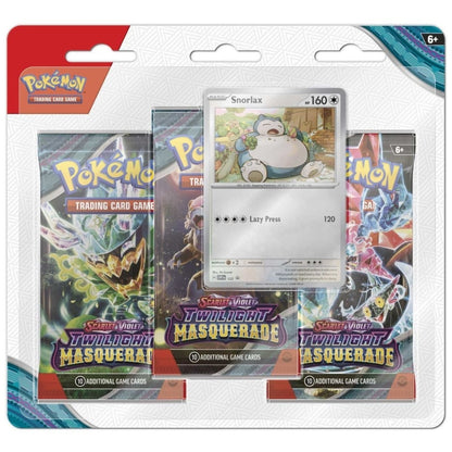 Pokémon TCG Twilight Masquerade Triple Blister featuring Snorlax promo and booster packs.