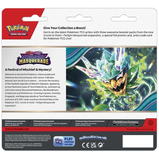 Rear of a Pokémon TCG Twilight Masquerade Triple Blister featuring Snorlax or Revavroom promo and booster packs.