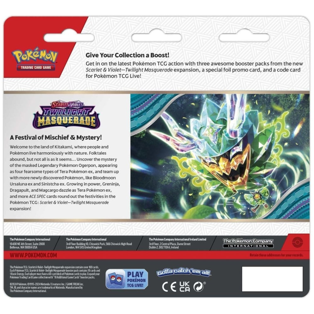 Rear of a Pokémon TCG Twilight Masquerade Triple Blister featuring Snorlax or Revavroom promo and booster packs.