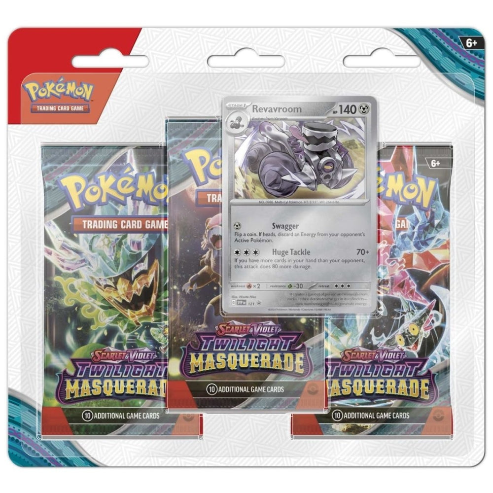 Pokémon TCG Twilight Masquerade Triple Blister featuring Revavroom promo and booster packs.
