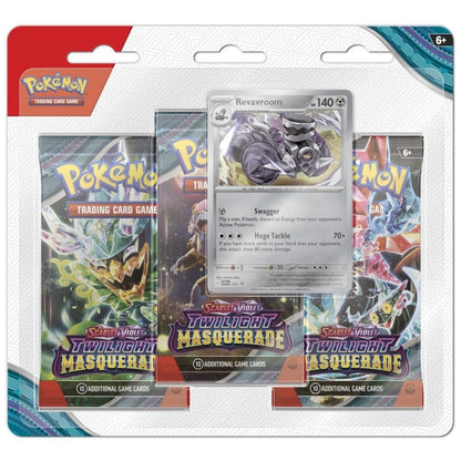 Pokémon TCG Twilight Masquerade Triple Blister featuring Revavroom promo and booster packs.
