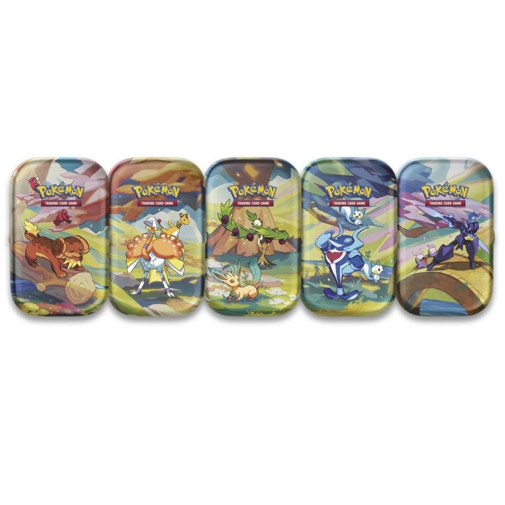 Five collectible Vibrant Paldea Mini Tins featuring various types of Pokémon artwork.