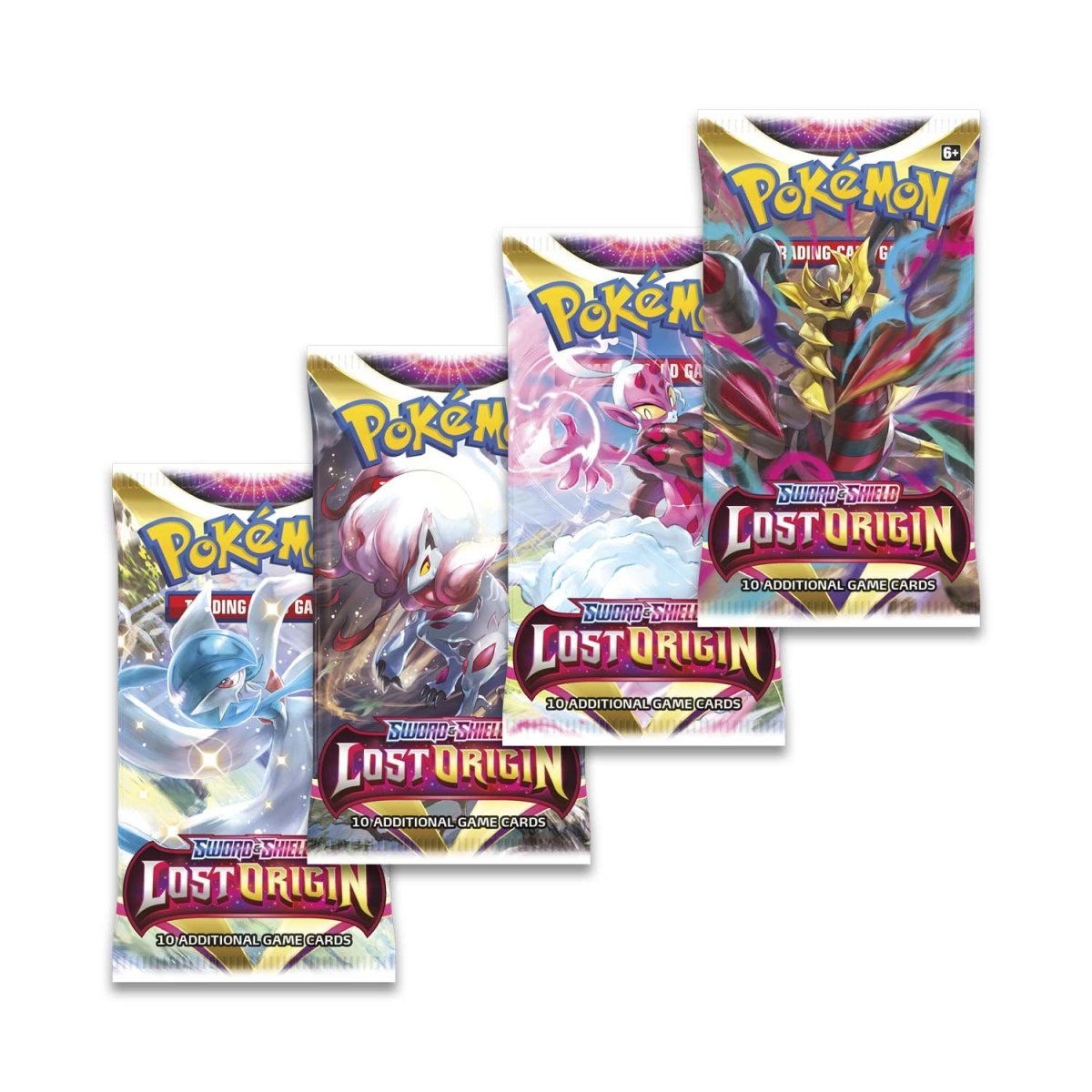 Pokemon Trading Card Game Sword and Shield Lost Origin Booster Packs, images shows four Lost Origin Booster Packs all featuring different artwork.