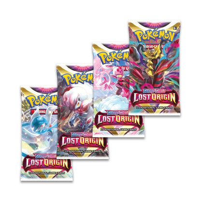 Pokemon Trading Card Game Sword and Shield Lost Origin Booster Packs, images shows four Lost Origin Booster Packs all featuring different artwork.